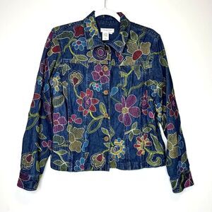 Coldwater Creek Floral Embroidered  Denim Jean Jacket Boho Size Medium
